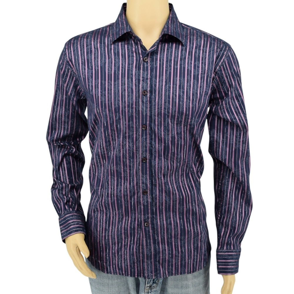 V-one Studio‎ Men's XL (52) Navy Blue Pink Satin Stripe Paisley Jacquard Shirt